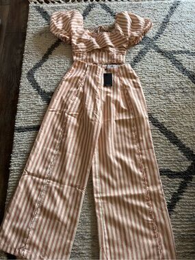 Luxe Cream and Rust Striped 2 Piece Wide-Leg Pants and Cropped Top
